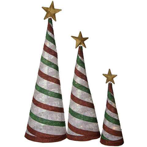 Set of 3 ,  54 in. - 42 in. - 30 in. Glittering Snowflake Fabric Lantern Cone Trees, Peppermint